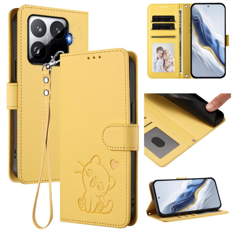 Embossed Heart Cat Leather Phone Case with Hand Strap, For Xiaomi 15T Pro 5G, For Xiaomi 15T 5G