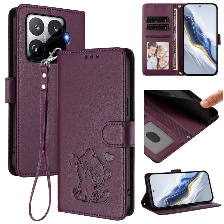 Embossed Heart Cat Leather Phone Case with Hand Strap, For Xiaomi 15T Pro 5G, For Xiaomi 15T 5G