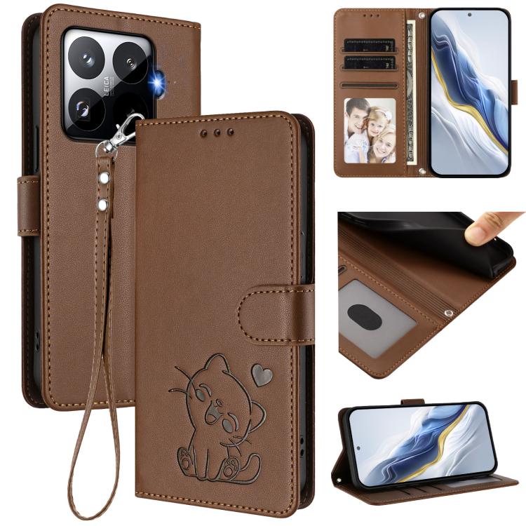 Embossed Heart Cat Leather Phone Case with Hand Strap, For Xiaomi 15T Pro 5G, For Xiaomi 15T 5G