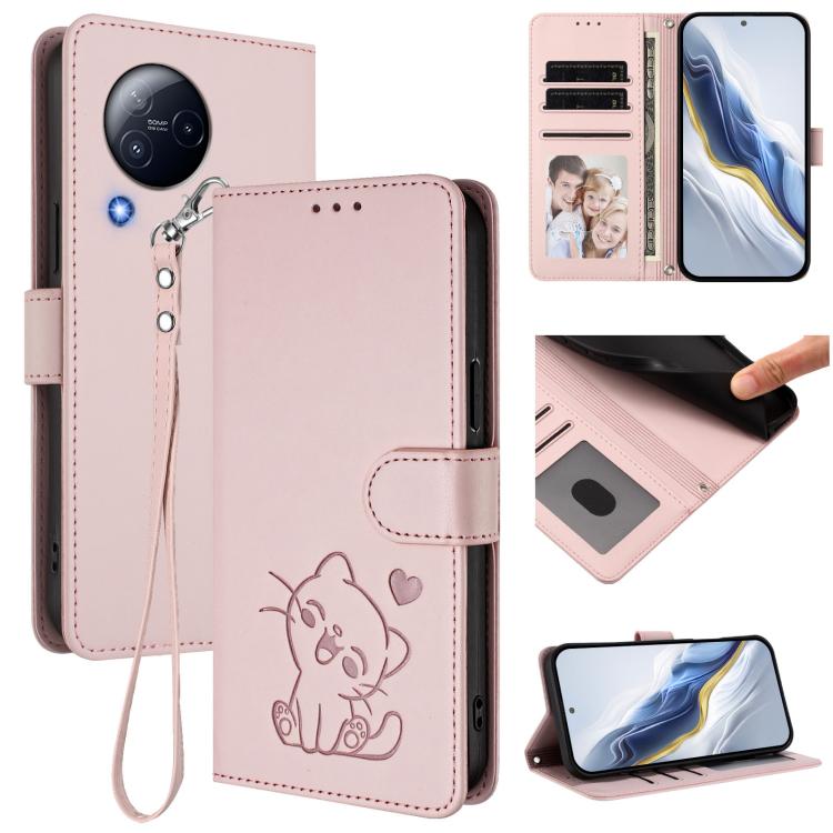 Embossed Heart Cat Leather Phone Case with Hand Strap, For Xiaomi Civi 3 5G, For Xiaomi 13 Lite 5G / Civi 2