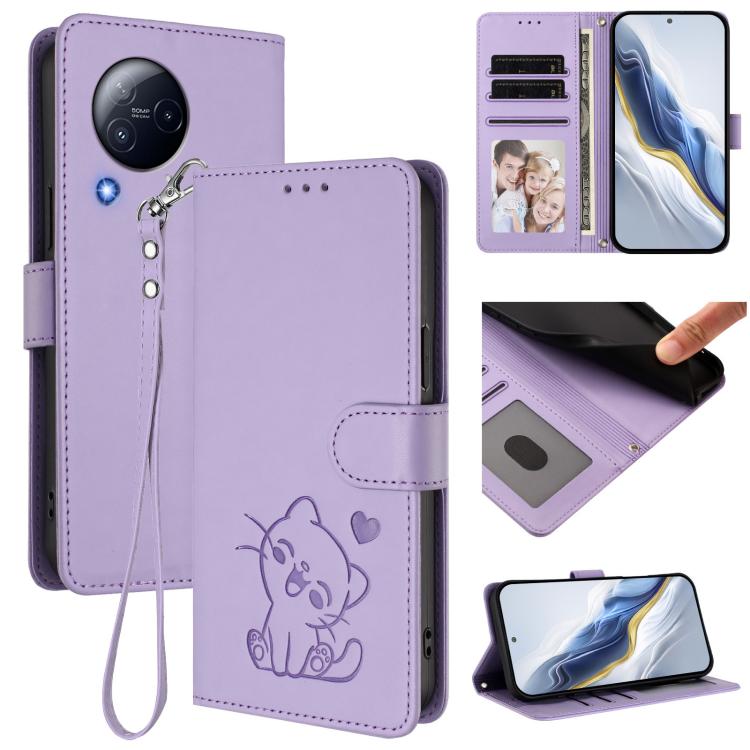 Embossed Heart Cat Leather Phone Case with Hand Strap, For Xiaomi Civi 3 5G, For Xiaomi 13 Lite 5G / Civi 2