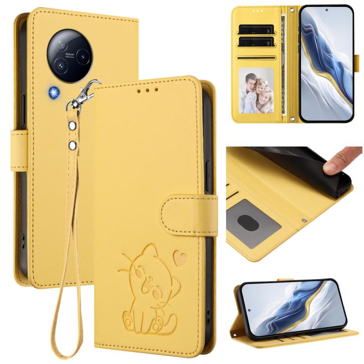 Embossed Heart Cat Leather Phone Case with Hand Strap, For Xiaomi Civi 3 5G, For Xiaomi 13 Lite 5G / Civi 2