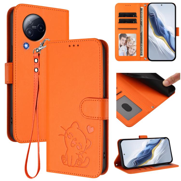 Embossed Heart Cat Leather Phone Case with Hand Strap, For Xiaomi Civi 3 5G, For Xiaomi 13 Lite 5G / Civi 2