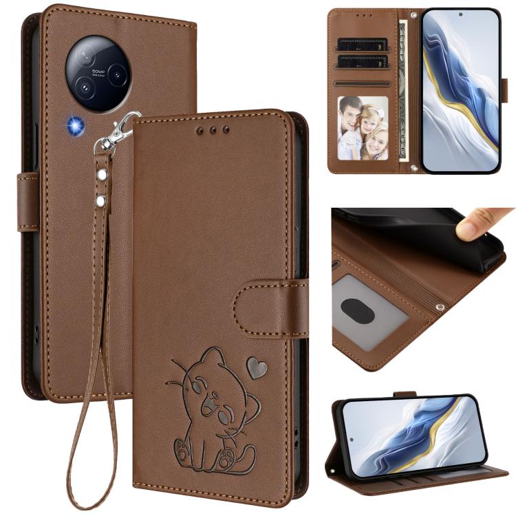 Embossed Heart Cat Leather Phone Case with Hand Strap, For Xiaomi Civi 3 5G, For Xiaomi 13 Lite 5G / Civi 2