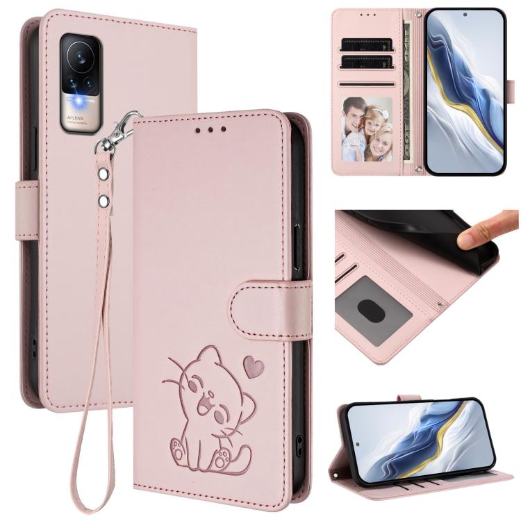 Embossed Heart Cat Leather Phone Case with Hand Strap, For Xiaomi Civi 1S, For Xiaomi Poco M4 Pro 4G