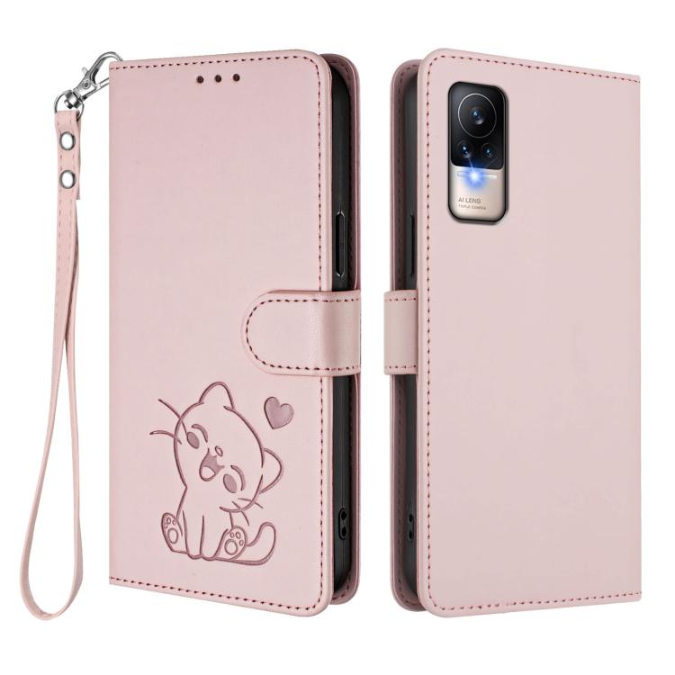 Embossed Heart Cat Leather Phone Case with Hand Strap, For Xiaomi Civi 1S, For Xiaomi Poco M4 Pro 4G