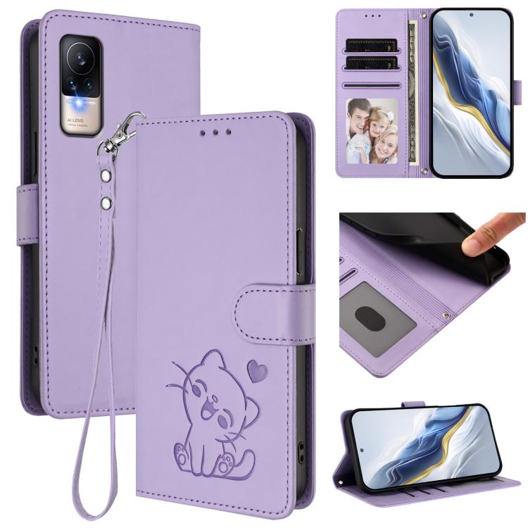 Embossed Heart Cat Leather Phone Case with Hand Strap, For Xiaomi Civi 1S, For Xiaomi Poco M4 Pro 4G