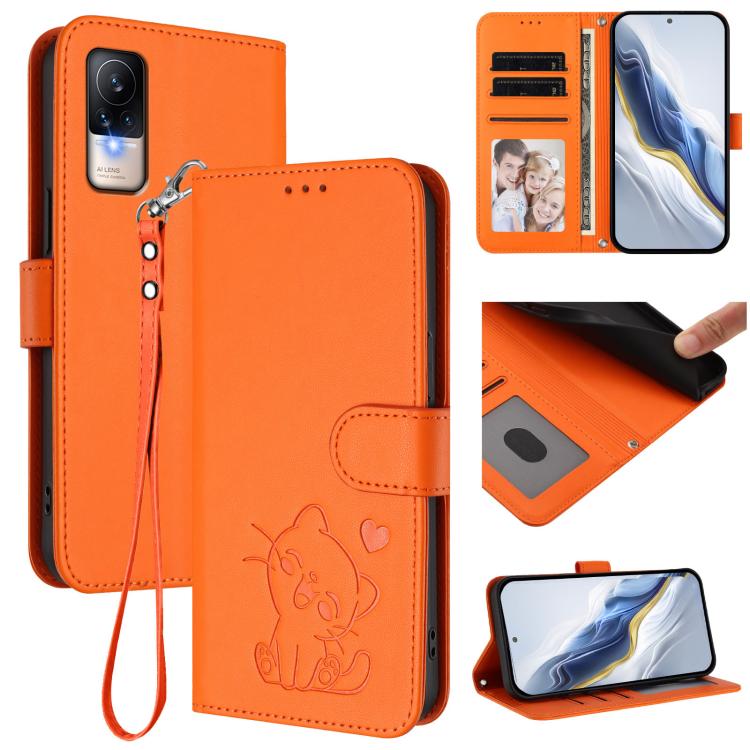 Embossed Heart Cat Leather Phone Case with Hand Strap, For Xiaomi Civi 1S, For Xiaomi Poco M4 Pro 4G