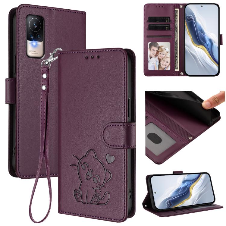 Embossed Heart Cat Leather Phone Case with Hand Strap, For Xiaomi Civi 1S, For Xiaomi Poco M4 Pro 4G