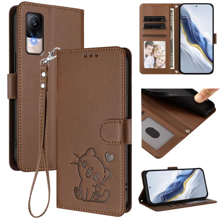 Embossed Heart Cat Leather Phone Case with Hand Strap, For Xiaomi Civi 1S, For Xiaomi Poco M4 Pro 4G