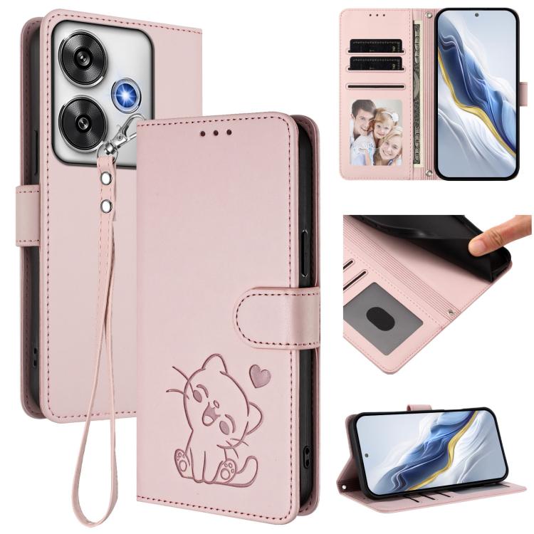 Embossed Heart Cat Leather Phone Case with Hand Strap, For Xiaomi 14T 5G, For Xiaomi Poco F6 5G