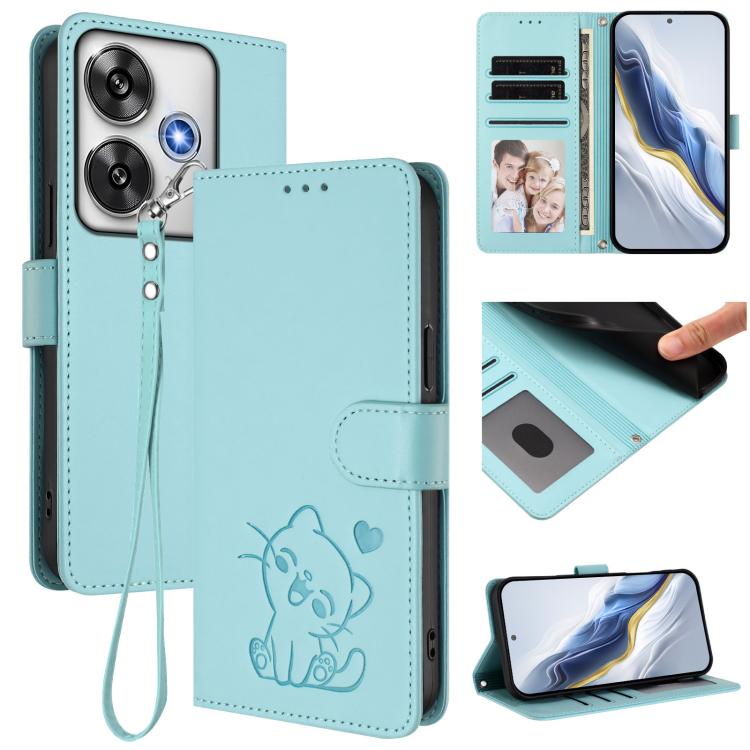 Embossed Heart Cat Leather Phone Case with Hand Strap, For Xiaomi 14T 5G, For Xiaomi Poco F6 5G