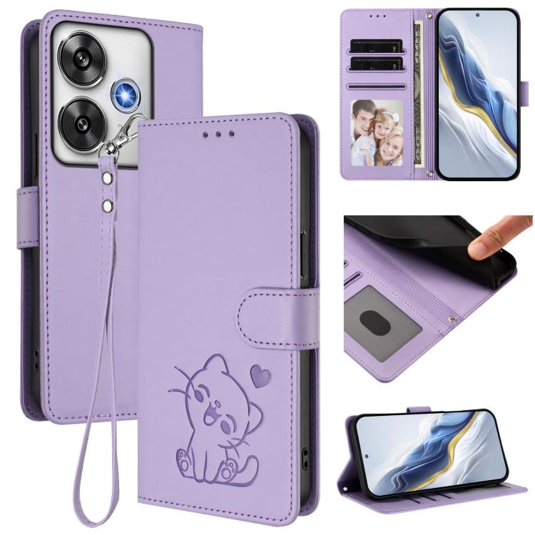 Embossed Heart Cat Leather Phone Case with Hand Strap, For Xiaomi 14T 5G, For Xiaomi Poco F6 5G