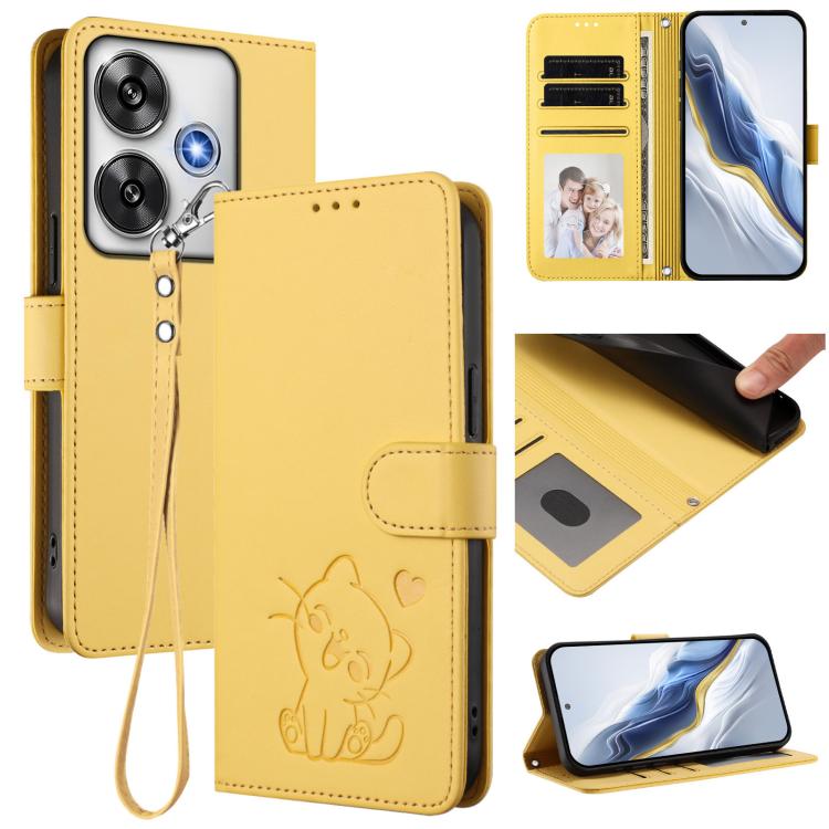 Embossed Heart Cat Leather Phone Case with Hand Strap, For Xiaomi 14T 5G, For Xiaomi Poco F6 5G