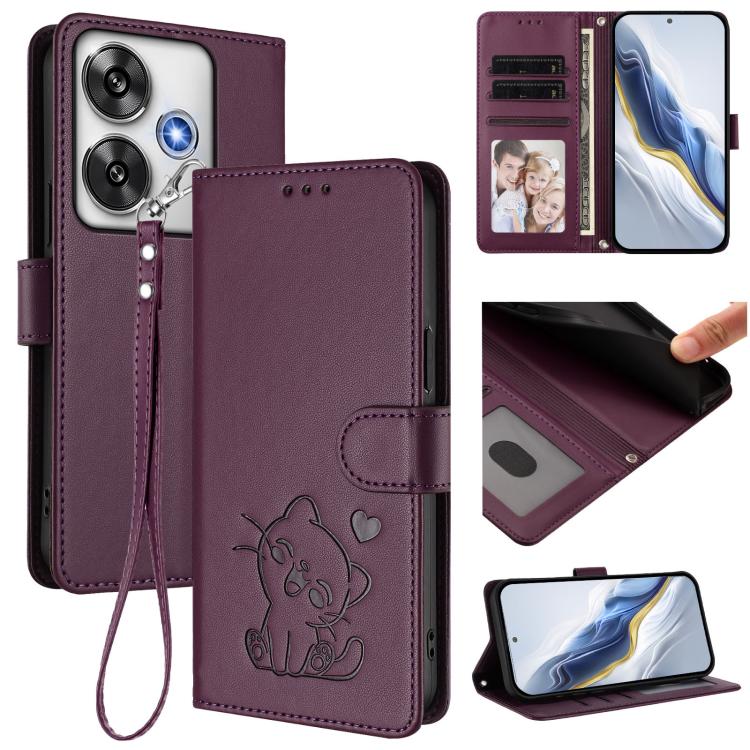 Embossed Heart Cat Leather Phone Case with Hand Strap, For Xiaomi 14T 5G, For Xiaomi Poco F6 5G