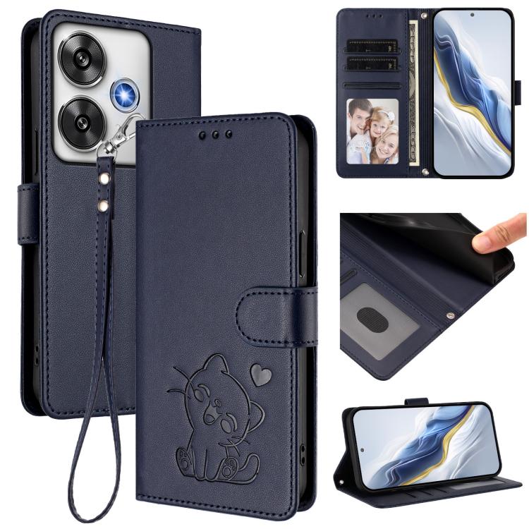 Embossed Heart Cat Leather Phone Case with Hand Strap, For Xiaomi 14T 5G, For Xiaomi Poco F6 5G