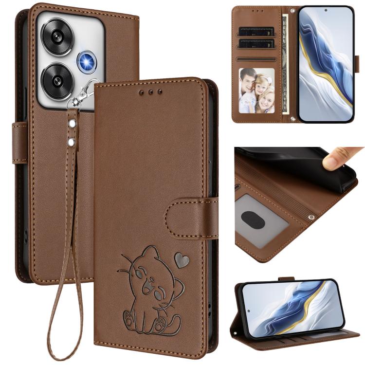 Embossed Heart Cat Leather Phone Case with Hand Strap, For Xiaomi 14T 5G, For Xiaomi Poco F6 5G