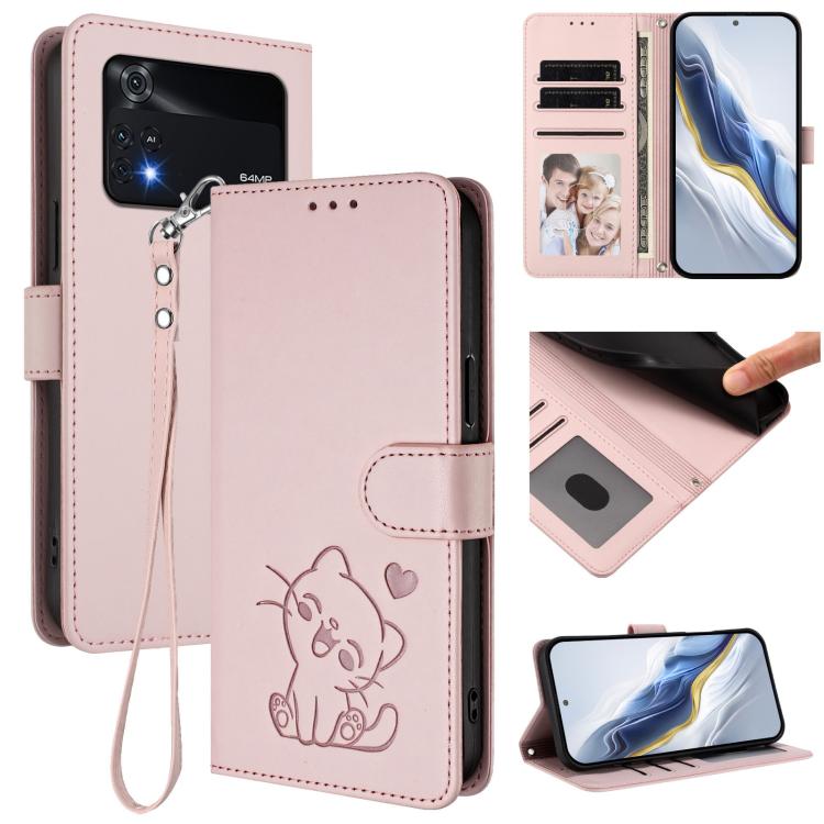 Embossed Heart Cat Leather Phone Case with Hand Strap, For Xiaomi Civi 1S, For Xiaomi Poco M4 Pro 4G