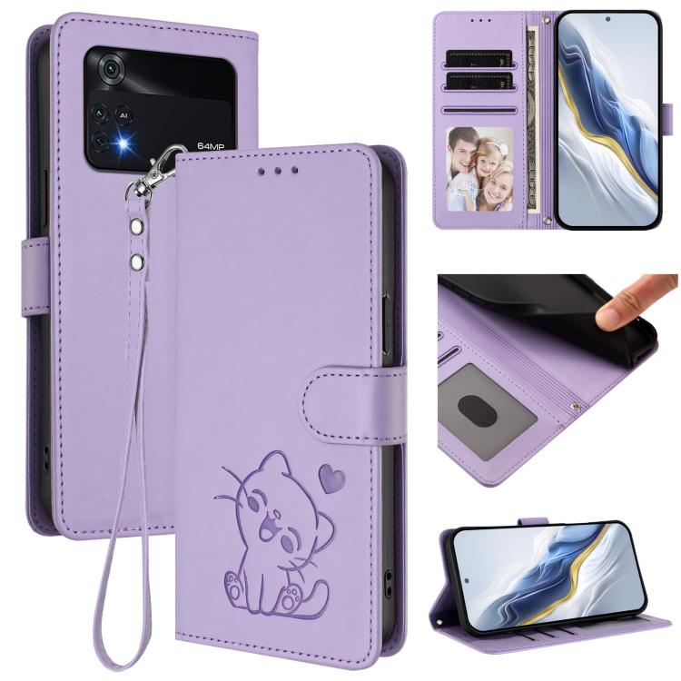 Embossed Heart Cat Leather Phone Case with Hand Strap, For Xiaomi Civi 1S, For Xiaomi Poco M4 Pro 4G