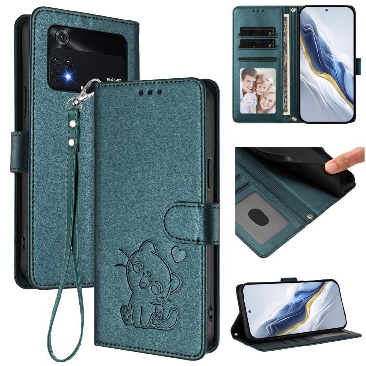 Embossed Heart Cat Leather Phone Case with Hand Strap, For Xiaomi Civi 1S, For Xiaomi Poco M4 Pro 4G