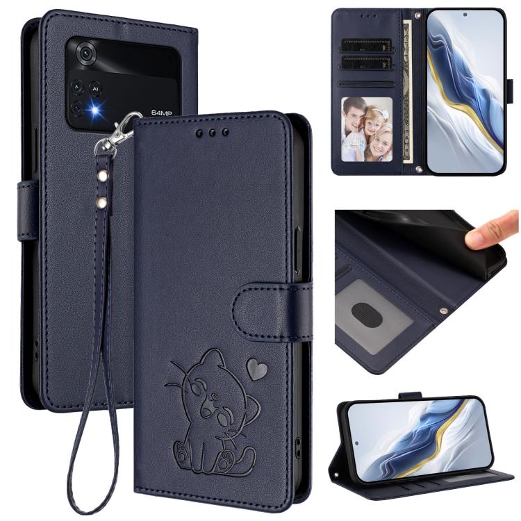 Embossed Heart Cat Leather Phone Case with Hand Strap, For Xiaomi Civi 1S, For Xiaomi Poco M4 Pro 4G