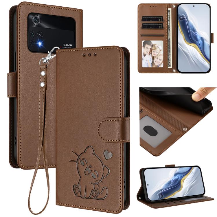 Embossed Heart Cat Leather Phone Case with Hand Strap, For Xiaomi Civi 1S, For Xiaomi Poco M4 Pro 4G