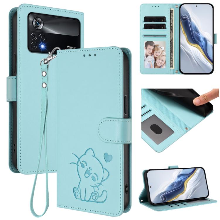 Embossed Heart Cat Leather Phone Case with Hand Strap, For Xiaomi Poco X4 Pro 5G
