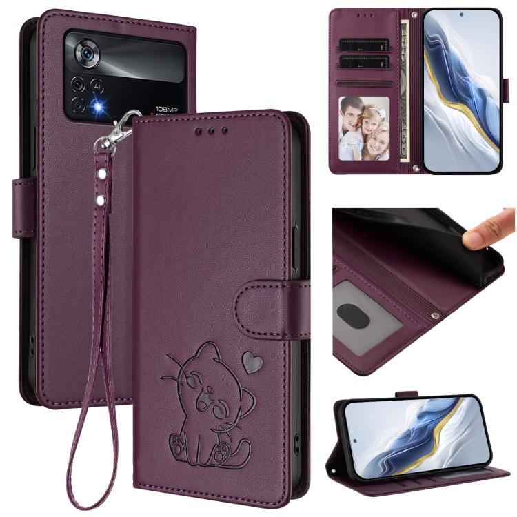 Embossed Heart Cat Leather Phone Case with Hand Strap, For Xiaomi Poco X4 Pro 5G