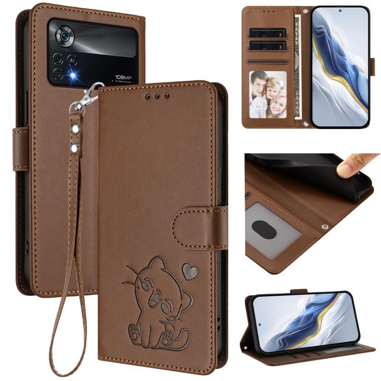 Embossed Heart Cat Leather Phone Case with Hand Strap, For Xiaomi Poco X4 Pro 5G