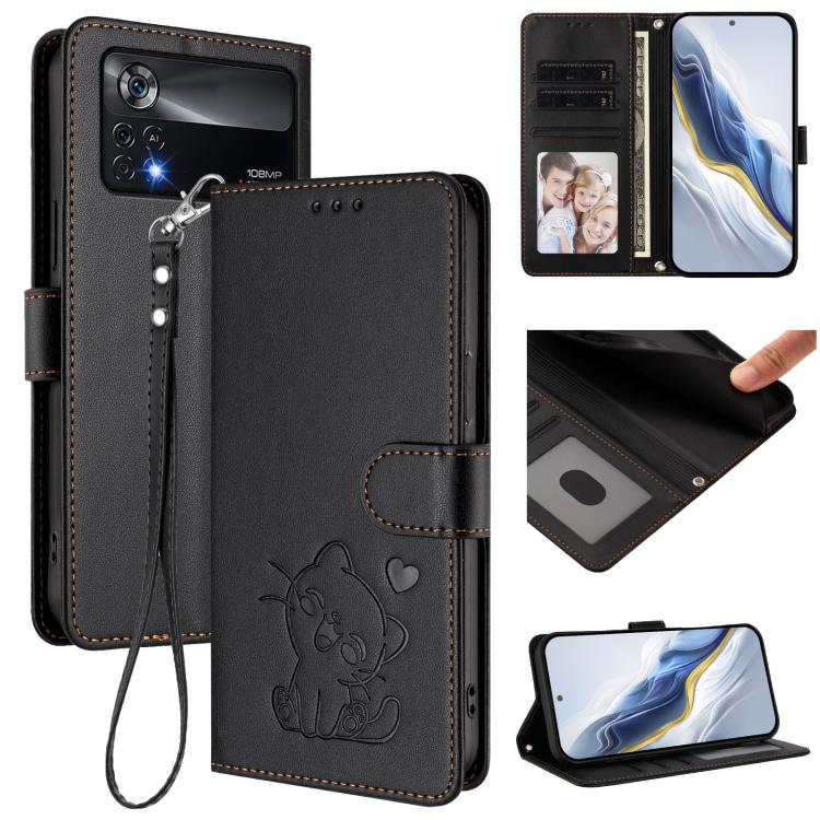 Embossed Heart Cat Leather Phone Case with Hand Strap, For Xiaomi Poco X4 Pro 5G