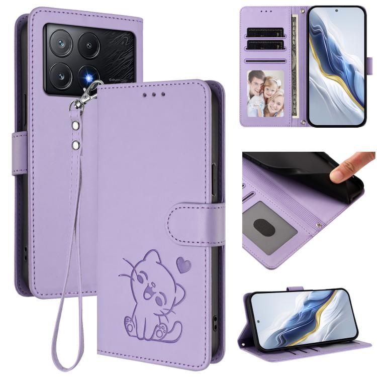 Embossed Heart Cat Leather Phone Case with Hand Strap, For Xiaomi Poco X6 Pro 5G / Redmi K70E 5G, For Xiaomi 14 Ultra 5G