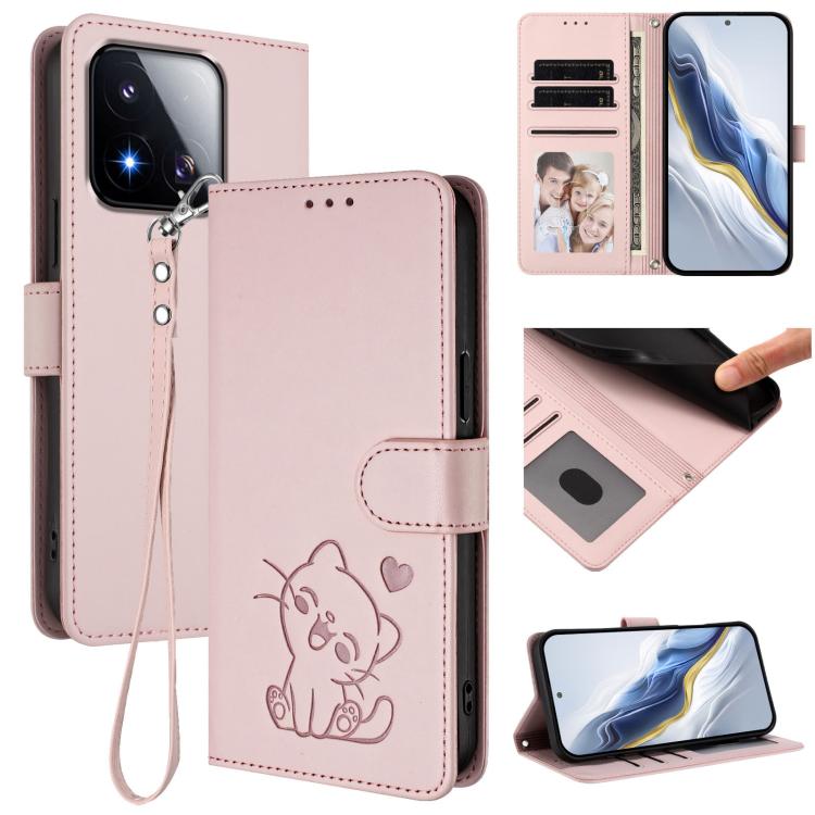 Embossed Heart Cat Leather Phone Case with Hand Strap, For Xiaomi 17 Max 5G, For Xiaomi 17T Pro 5G