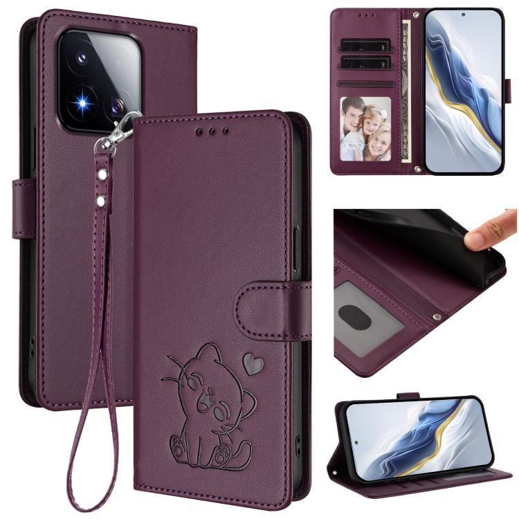 Embossed Heart Cat Leather Phone Case with Hand Strap, For Xiaomi 17 Max 5G, For Xiaomi 17T Pro 5G