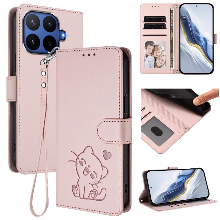 Embossed Heart Cat Leather Phone Case with Hand Strap, For Xiaomi 17 Max 5G, For Xiaomi 17T Pro 5G