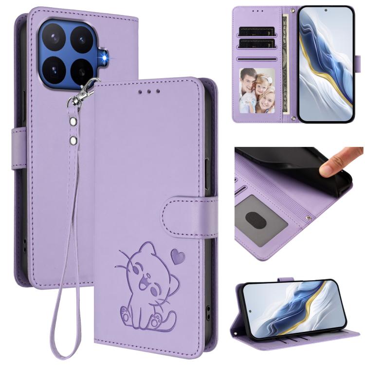 Embossed Heart Cat Leather Phone Case with Hand Strap, For Xiaomi 17 Max 5G, For Xiaomi 17T Pro 5G