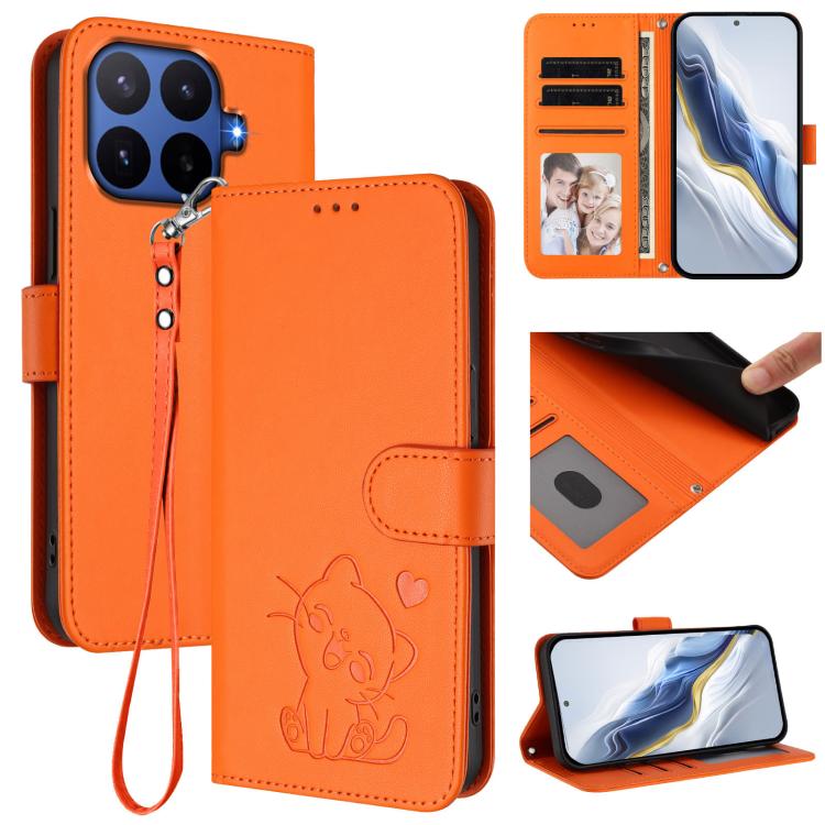 Embossed Heart Cat Leather Phone Case with Hand Strap, For Xiaomi 17 Max 5G, For Xiaomi 17T Pro 5G