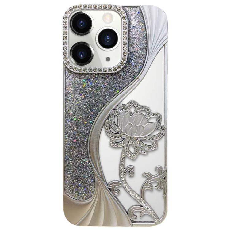 Electroplated TPU Lotus Hollow-carved  Rhinestone Glitter Phone Case, For iPhone 11 Pro Max, For iPhone 11