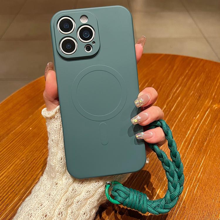 Solid Color Liquid Silicone Magnetic Phone Case with Lanyard, For iPhone 14 Pro