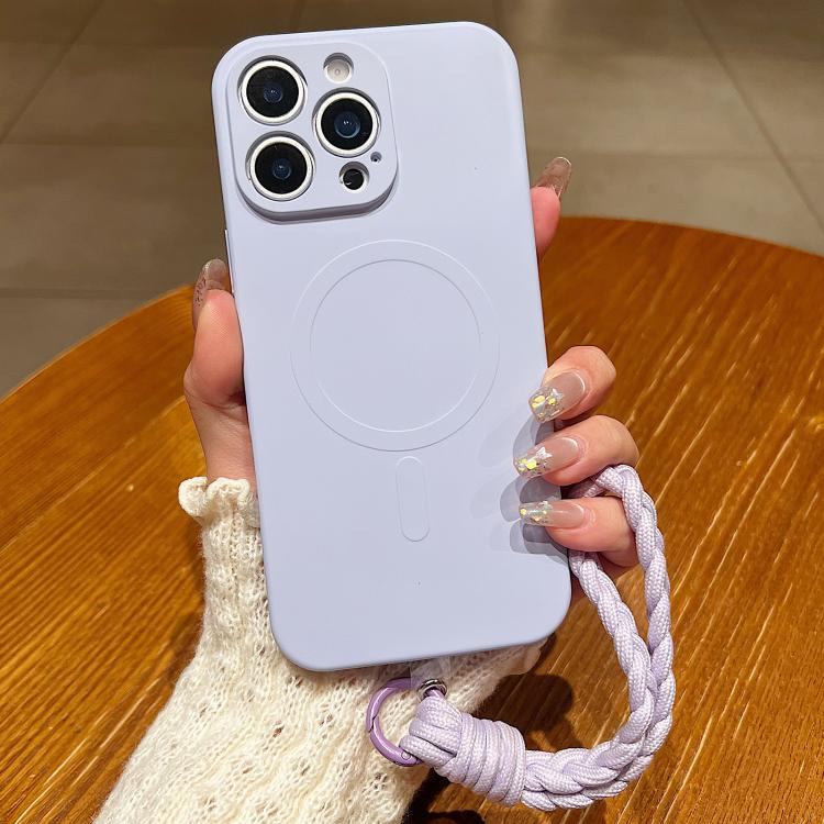 Solid Color Liquid Silicone Magnetic Phone Case with Lanyard, For iPhone 14 Pro