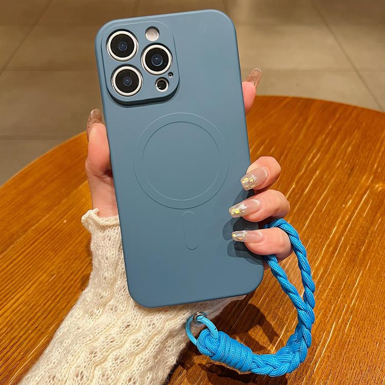 Solid Color Liquid Silicone Magnetic Phone Case with Lanyard, For iPhone 14 Pro