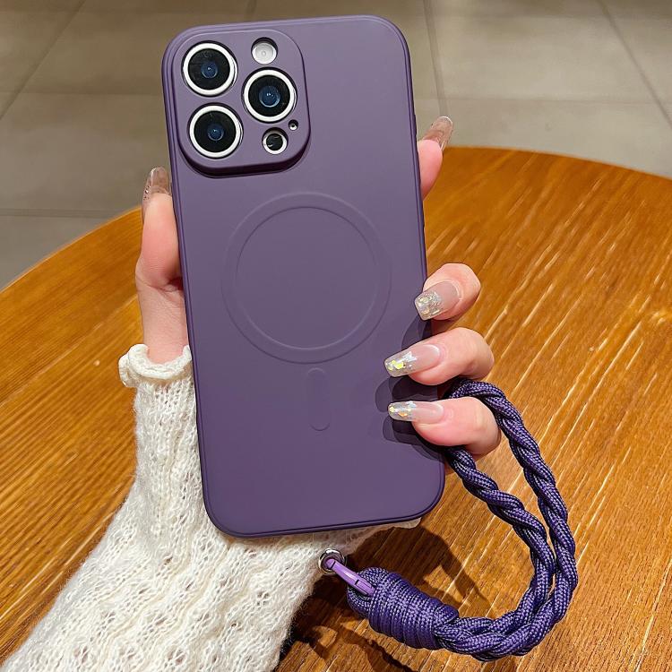 Solid Color Liquid Silicone Magnetic Phone Case with Lanyard, For iPhone 14 Pro