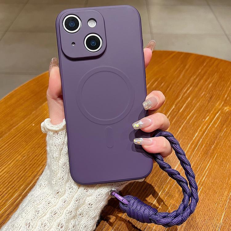 Solid Color Liquid Silicone Magnetic Phone Case with Lanyard, For iPhone 13