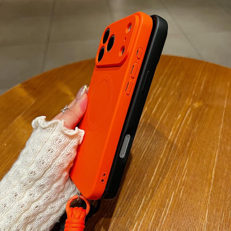 Solid Color Liquid Silicone Magnetic Phone Case with Lanyard, For iPhone 14 Pro