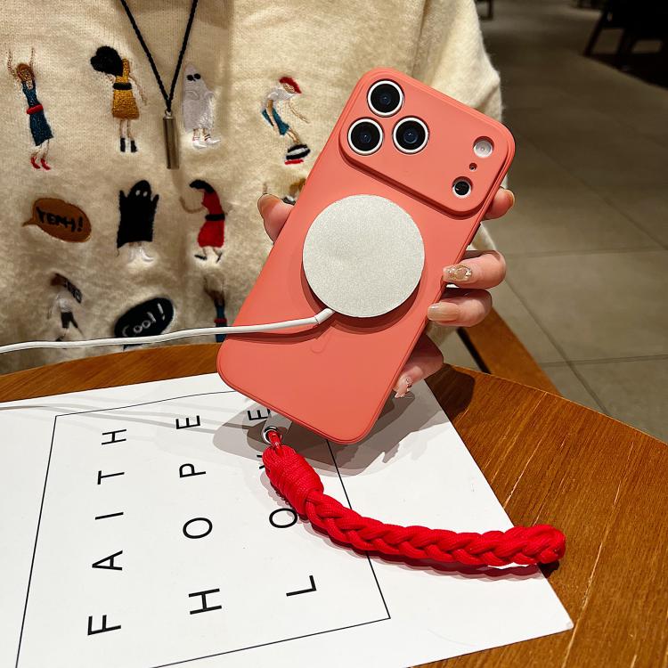 Solid Color Liquid Silicone Magnetic Phone Case with Lanyard, For iPhone 14 Pro