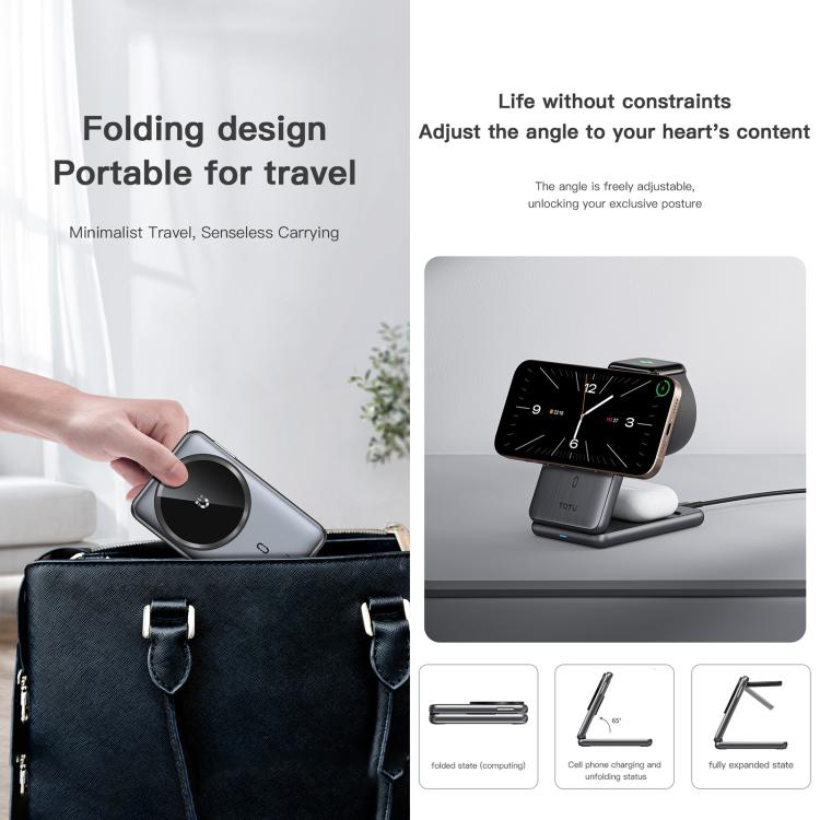 TOTU CW-4-W Wireless Charging Station 3 in 1 Magnetic Folding Charger Stand for Phone Watch Earbuds, CW-4-W