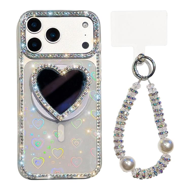 Sparkling IMD Heart-Shaped Mirror Magnetic Phone Case with Bracelet, For iPhone 17 Pro Max, For iPhone 17 Pro, For iPhone 17, For iPhone Air