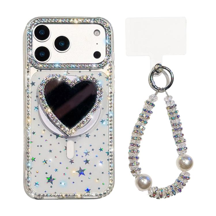 Sparkling IMD Heart-Shaped Mirror Magnetic Phone Case with Bracelet, For iPhone 17 Pro Max, For iPhone 17 Pro, For iPhone 17, For iPhone Air