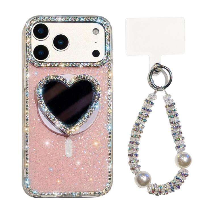 Sparkling IMD Heart-Shaped Mirror Magnetic Phone Case with Bracelet, For iPhone 17 Pro Max, For iPhone 17 Pro, For iPhone 17, For iPhone Air