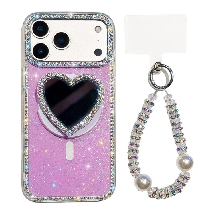 Sparkling IMD Heart-Shaped Mirror Magnetic Phone Case with Bracelet, For iPhone 17 Pro Max, For iPhone 17 Pro, For iPhone 17, For iPhone Air