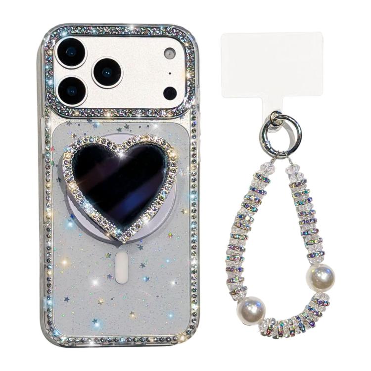 Sparkling IMD Heart-Shaped Mirror Magnetic Phone Case with Bracelet, For iPhone 17 Pro Max, For iPhone 17 Pro, For iPhone 17, For iPhone Air